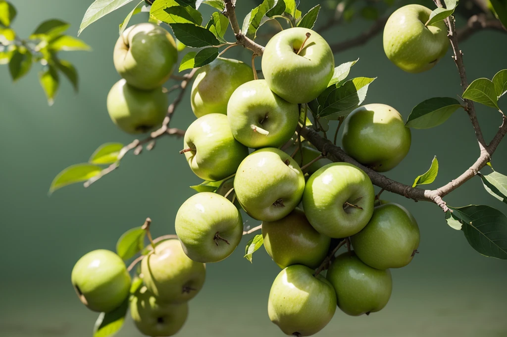 Green apples on branch,Behind is lush branches and leaves