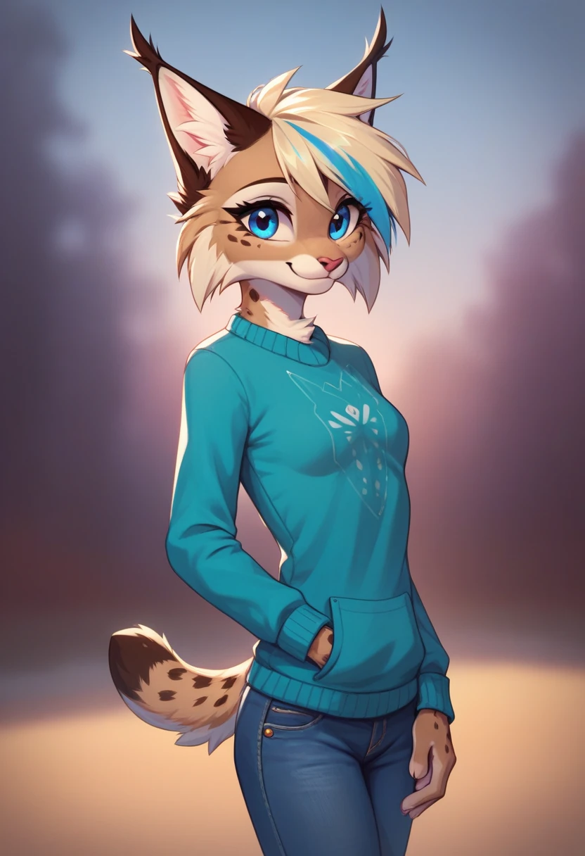 muse_style, 1girl, solo, digital_media_(artwork) hi_res, score_9, score_8_up, score_7_up, rating_safe, beautiful, anthro, furry, female, furry female, detailed textured fur, fur tufts, lynx, slim, slender, small breasts, cute, sweater, denim jeans, multicolor hair, streaked hair, red blue blonde silver hair, blonde fur, beautiful blue eyes, smile, solo, SFW, 