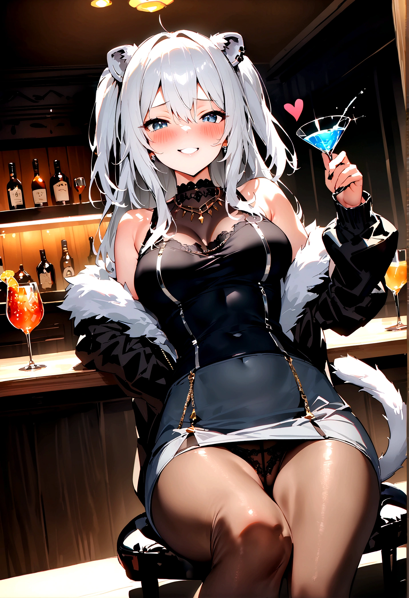 NSFW,masterpiece,Highest quality,High resolution,Super detailed,Shishirabotan\(Hololive\),Long Hair、Two Side Up、Earrings、Lion's Tail,necklace、Black Shirt、Sleeveless shirt、abdomen、See-through、Grey Skirt、片足pantyhose、pantyhose、fur-trimmed jacket、Black jacket、Off the shoulder,black lace panties,(Bewitching Smile),blush,Luxurious Room,pub,counter,chair,Cocktail Glass,(Drunk),(Intoxication),Sitting in a chair,heart,Sexy pose,Panty shot