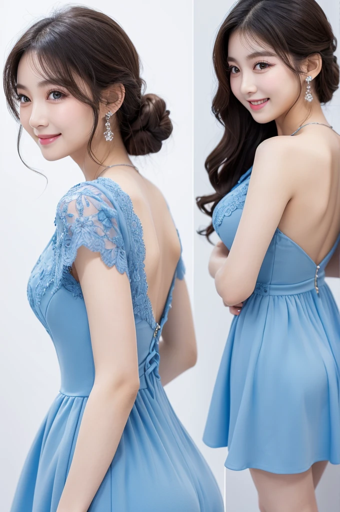 1girl, beautiful detailed face, beautiful detailed eyes, beautiful detailed lips, long eyelashes, smiling, wearing blue dress, back view, exposed back, flawless skin, white background, korean woman, photo