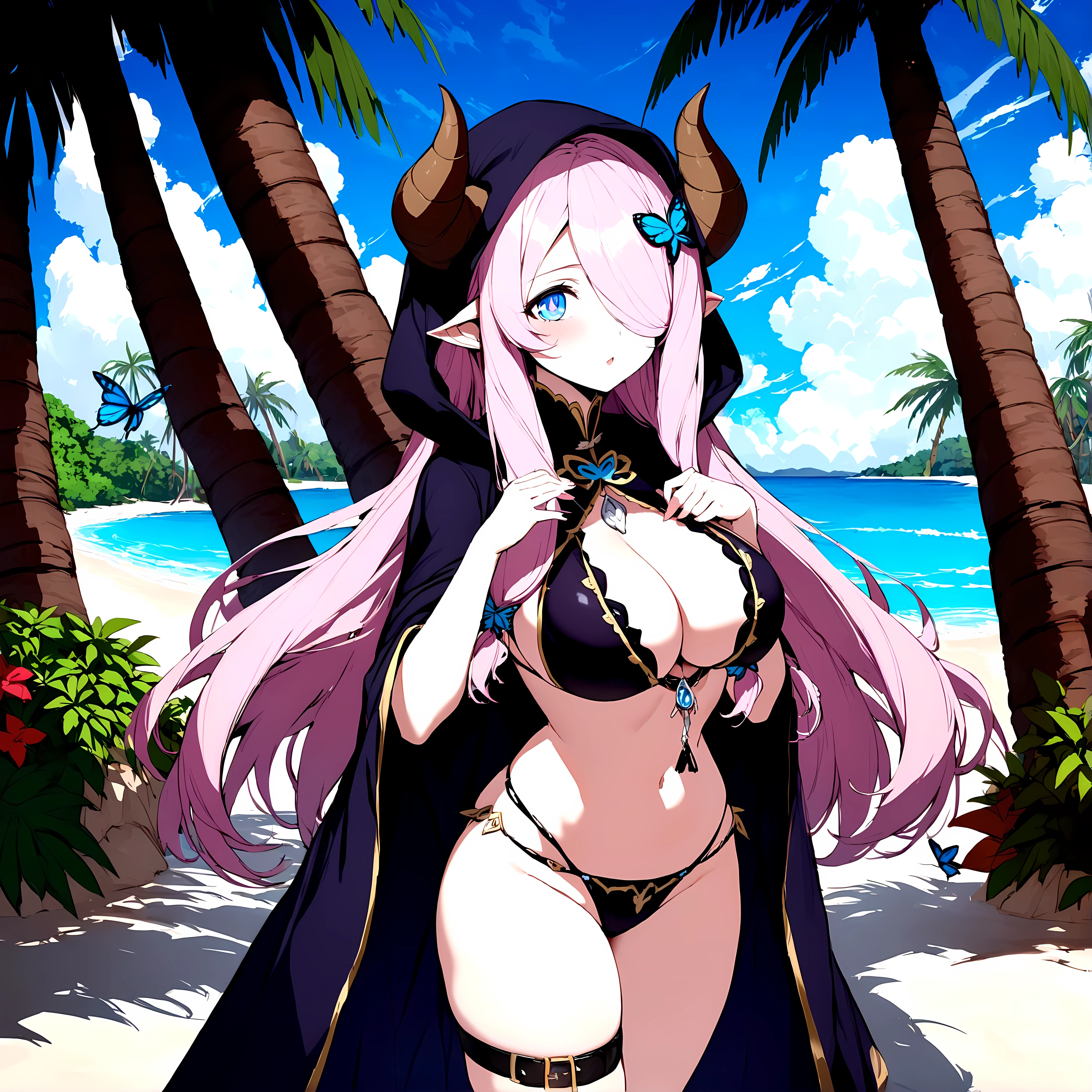 Vibrant, high-definition anime-style illustration set on a tropical beach. The layout features a central female character, Narmaya, with long pink hair, partially covered by a hooded cloak adorned with brown horns. She has fair skin, large expressive blue eyes and pink pupils, and a small blue butterfly hair clip. One eye is covered by her hair. The character is wearing a revealing black bikini with gold accents, and her hands are holding the edges of her cloak. The background showcases a pristine beach with white sand, lush green foliage, and tall palm trees. The clear blue sky and turquoise ocean complete the idyllic setting, with distant islands visible on the horizon. Narmaya and her attire are meticulously detailed. The intense effort put into shading brings this image to a realistic style. Gorgeous vibrant colors draw the eye. Narmaya's suggestive stance brings the viewers focus to her large and perfectly shaped breasts. (masterpiece), best quality, expressive eyes, perfect face, suggestive pose, purple and pink background, seductive, fantasy, 8k, absurdres, narmaya, pink hair, blue eye with pink pupil, hair over eye, draph, horns, butterfly hair clip, black bikini, hood, defined hands, perfect hands, perfect fingers,