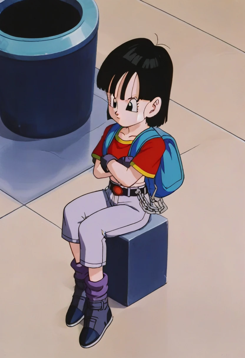fountain_cheered up, score_9, score_8_above, score_7_above, cheered up screencap,8k, absurd resolution,
Pan \(Dragon Ball\), 1 girl, Alone, looking at the viewer, short hair, hits, black fur, session, whole body, short sleeves, sneakers, black gloves, golden ornaments, loose socks, belt, blue bag, black shoes, black eyes, chain, crossed arms, crossed legs, schoolbag, denim, Red shirt, orange scarf, retro artStyle, female , grey Pants, Waist bag, purple tights, Shoe soles, v shaped eyebrows, from below, rock, diaphragm, clavicle, 1990s \(Style\)
