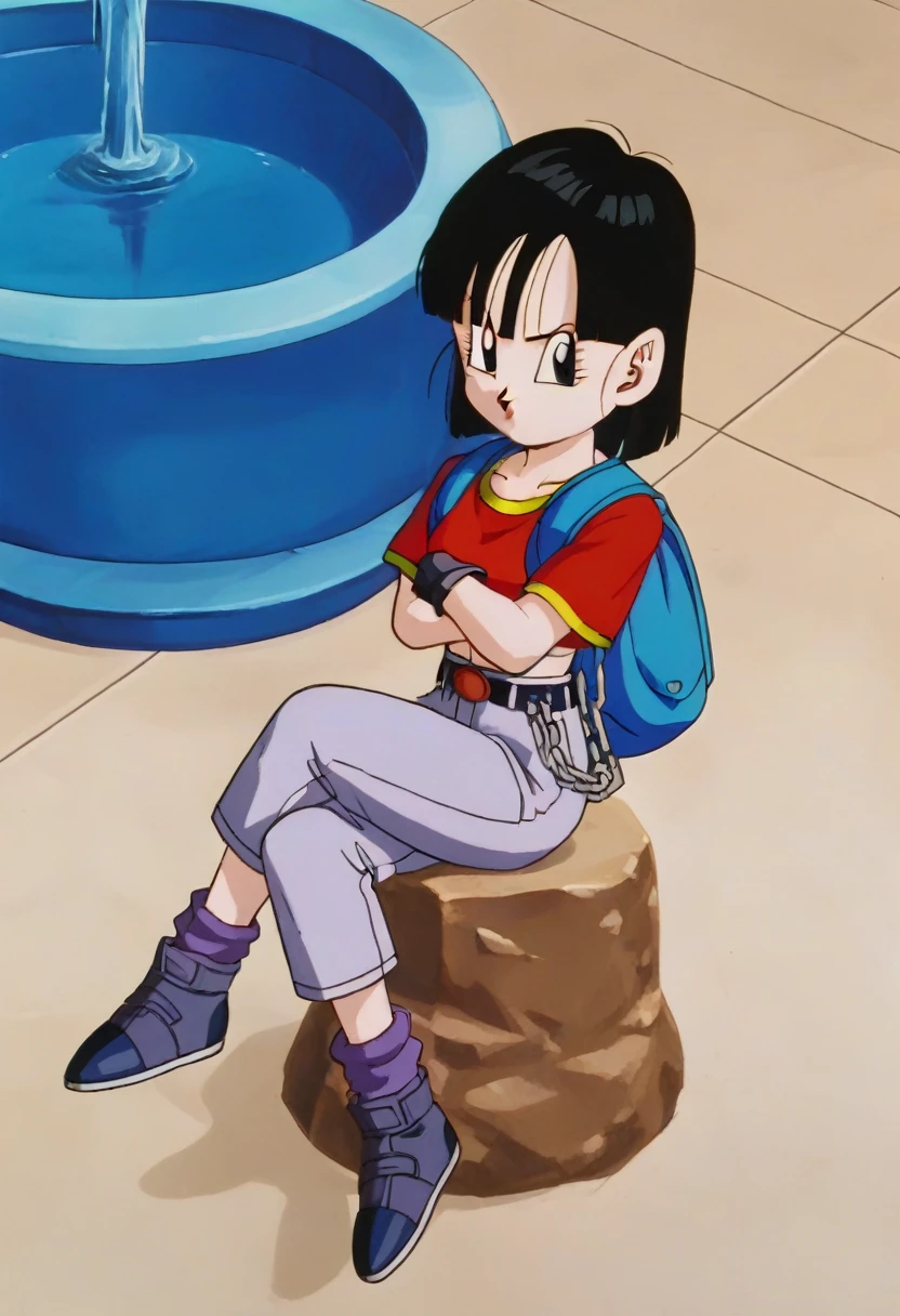 fountain_cheered up, score_9, score_8_above, score_7_above, cheered up screencap,8k, absurd resolution,
Pan \(Dragon Ball\), 1 girl, Alone, looking at the viewer, short hair, hits, black fur, session, whole body, short sleeves, sneakers, black gloves, golden ornaments, loose socks, belt, blue bag, black shoes, black eyes, chain, crossed arms, crossed legs, schoolbag, denim, Red shirt, orange scarf, retro artStyle, female , grey Pants, Waist bag, purple tights, Shoe soles, v shaped eyebrows, from below, rock, diaphragm, clavicle, 1990s \(Style\)
