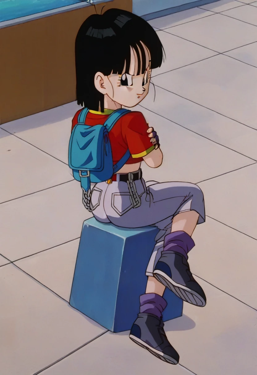 source_anime, score_9, score_8_up, score_7_up, anime screencap,8k, absurd res, pan \(dragon ball\), 1girl, solo,  short hair, bangs, black hair, full body, short sleeves, sneakers, black gloves, gold trim, loose socks, belt, , black footwear, black eyes, chain, denim, red shirt, orange bandana, retro artstyle, female , grey pants, fanny pack, purple legwear, shoe soles, v-shaped eyebrows, midriff, collarbone, 1990s \(style\) anime coloring, tape gag, panic expression, struggling, white cloth blindfold over eyes, timebomb in background, white blindfolded, extreme panic expression, shibari on legs, shibari on top, hands behind back, abandoned warehouse background