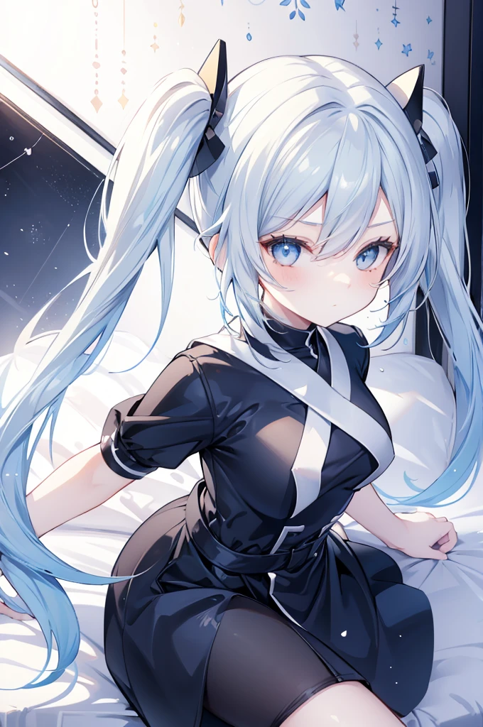 upper body, 1girl, wallpaper, light particles, bed, background, look at viewer, light blue hair, long hair, twintails, white eyes, ninja mask, teenegar