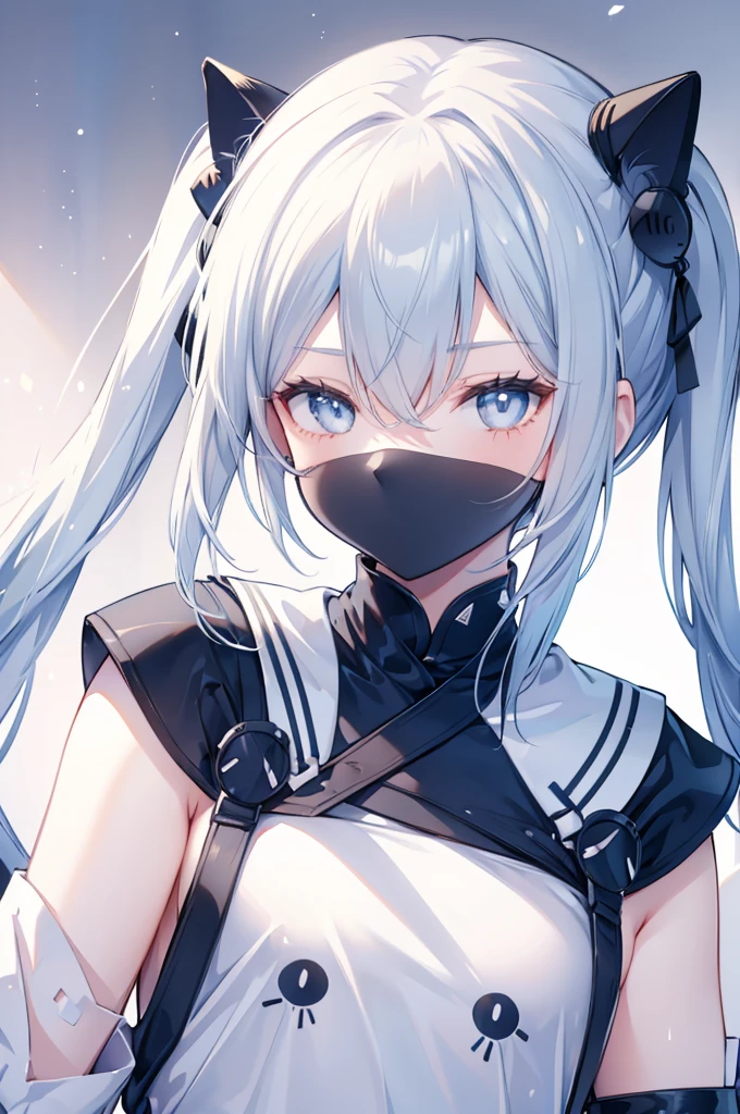 upper body, 1girl, wallpaper, light particles, bed, background, look at viewer, light blue hair, long hair, twintails, white eyes, ninja mask, teenegar