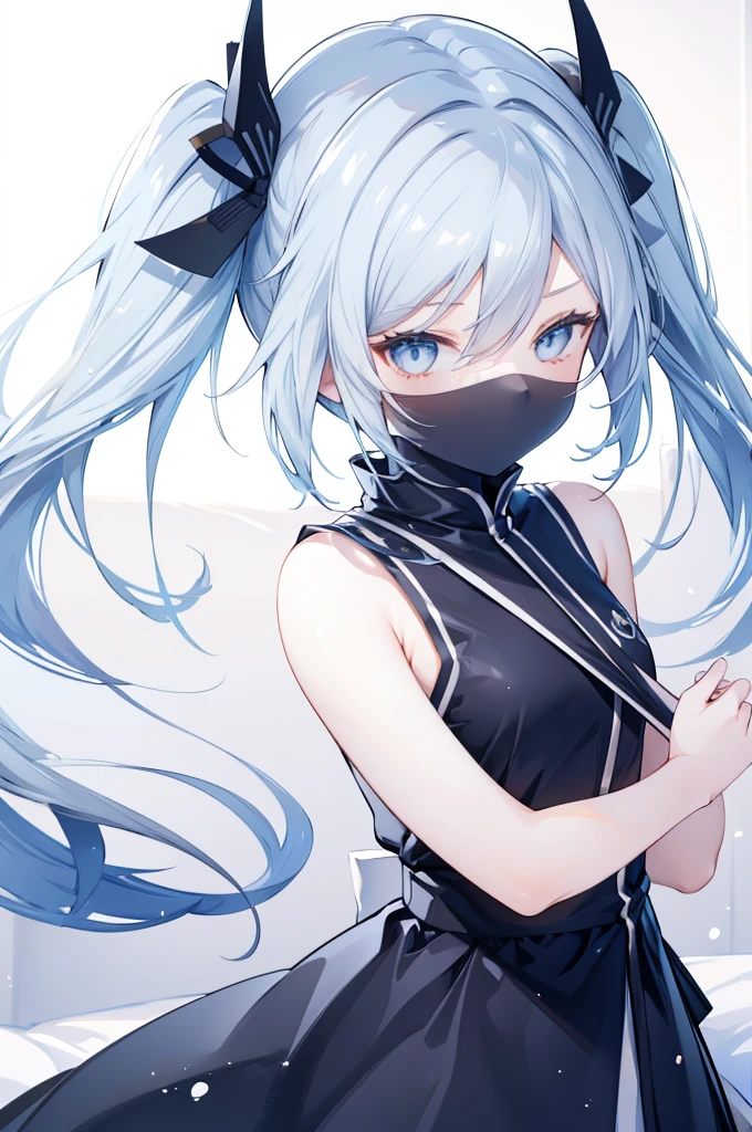 upper body, 1girl, wallpaper, light particles, bed, background, look at viewer, light blue hair, long hair, twintails, white eyes, ninja mask, teenegar