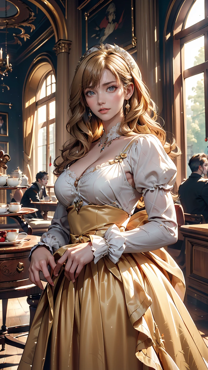 ((最high quality, 8K, masterpiece: 1.3, Ultra HD, high quality, 最high quality, High resolution, realism)) 、Marie Antoinette、Wear a Bourbon dynasty dress、Blonde、Upstyle your hair、Inside the Palace of Versailles in France、Enjoy tea time in a luxurious room
