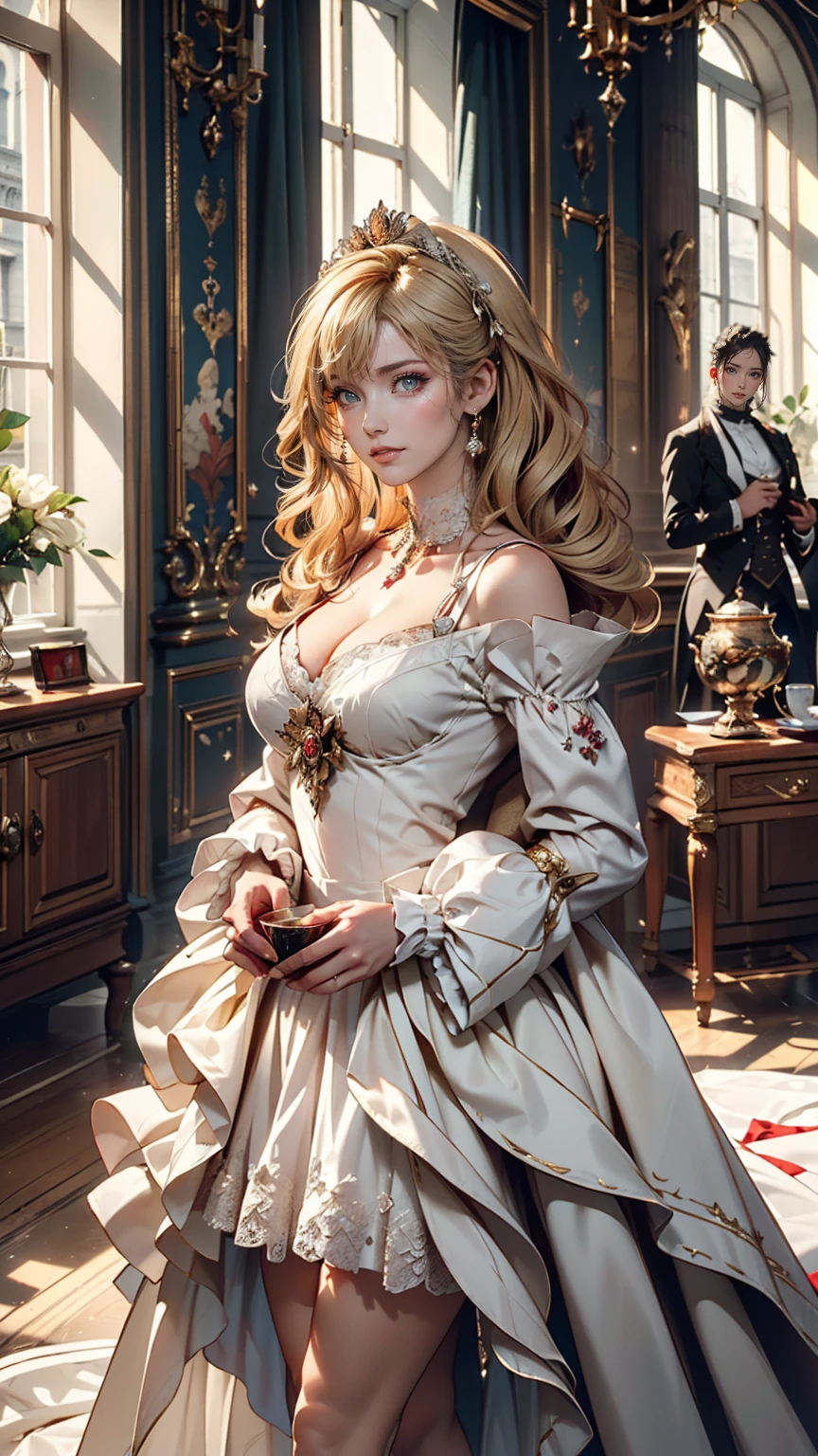 ((最high quality, 8K, masterpiece: 1.3, Ultra HD, high quality, 最high quality, High resolution, realism)) 、Marie Antoinette、Wear a Bourbon dynasty dress、Blonde、Upstyle your hair、Inside the Palace of Versailles in France、Enjoy tea time in a luxurious room