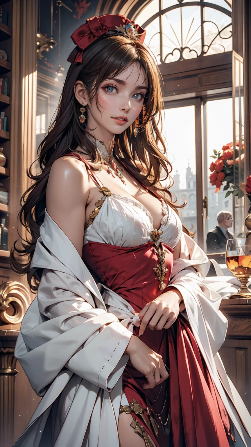((最high quality, 8K, masterpiece: 1.3, Ultra HD, high quality, 最high quality, High resolution, realism)) 、Marie Antoinette、Wear a Bourbon dynasty dress、Blonde、Upstyle your hair、Inside the Palace of Versailles in France、Enjoy tea time in a luxurious room