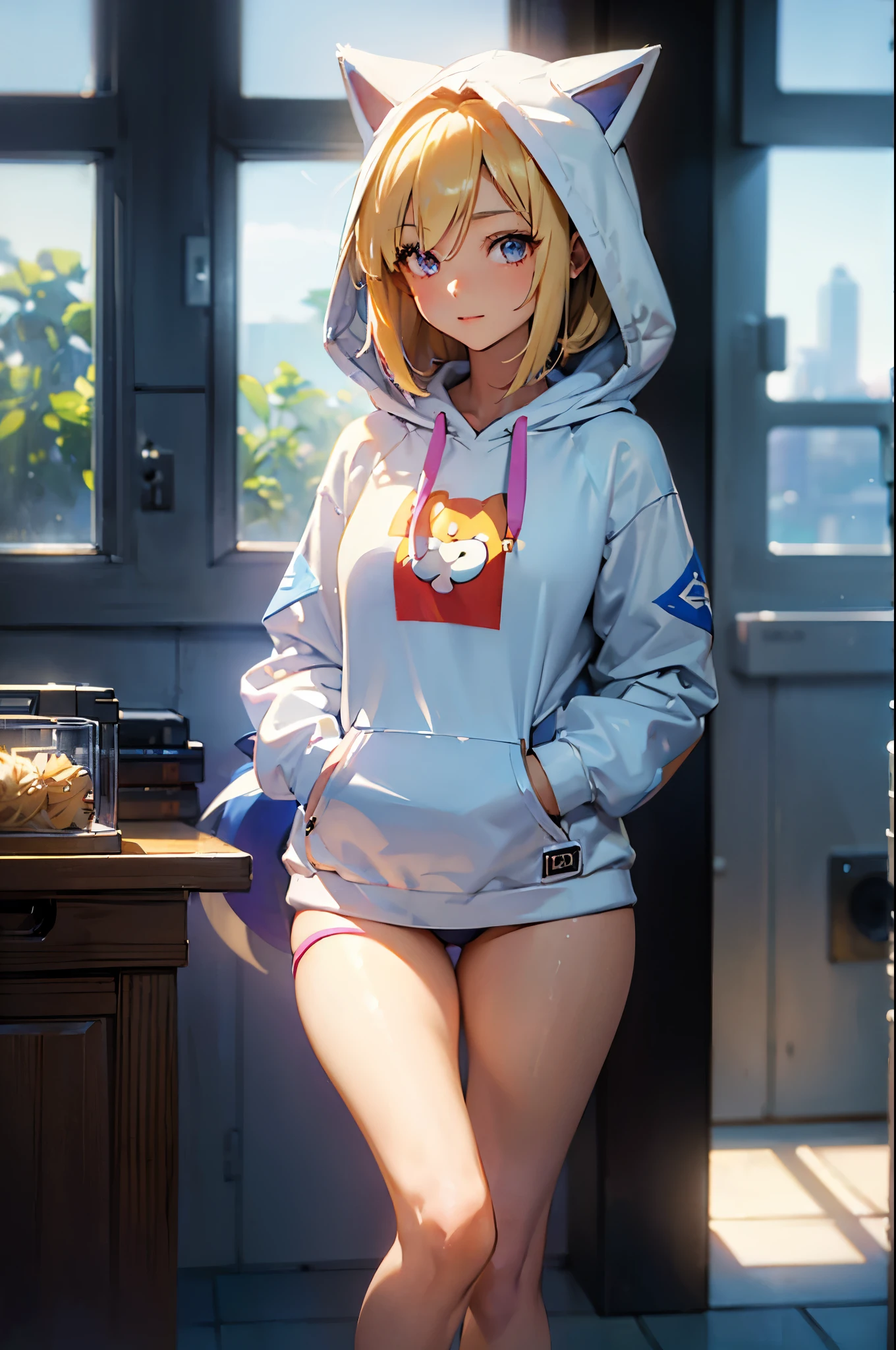 (masterpiece:1.2, best quality), (Very detailed), Gym locker room, 1 Girl, , , Long legs, Long hair, Blonde, (White pantielue Sonic the Hedgehog Hoodie)), permanent, Smile, Original Characters, Volumetric Lighting, Best shadow, Shallow depth of field, (best quality, Stunning details:1.25), Colorful paintings