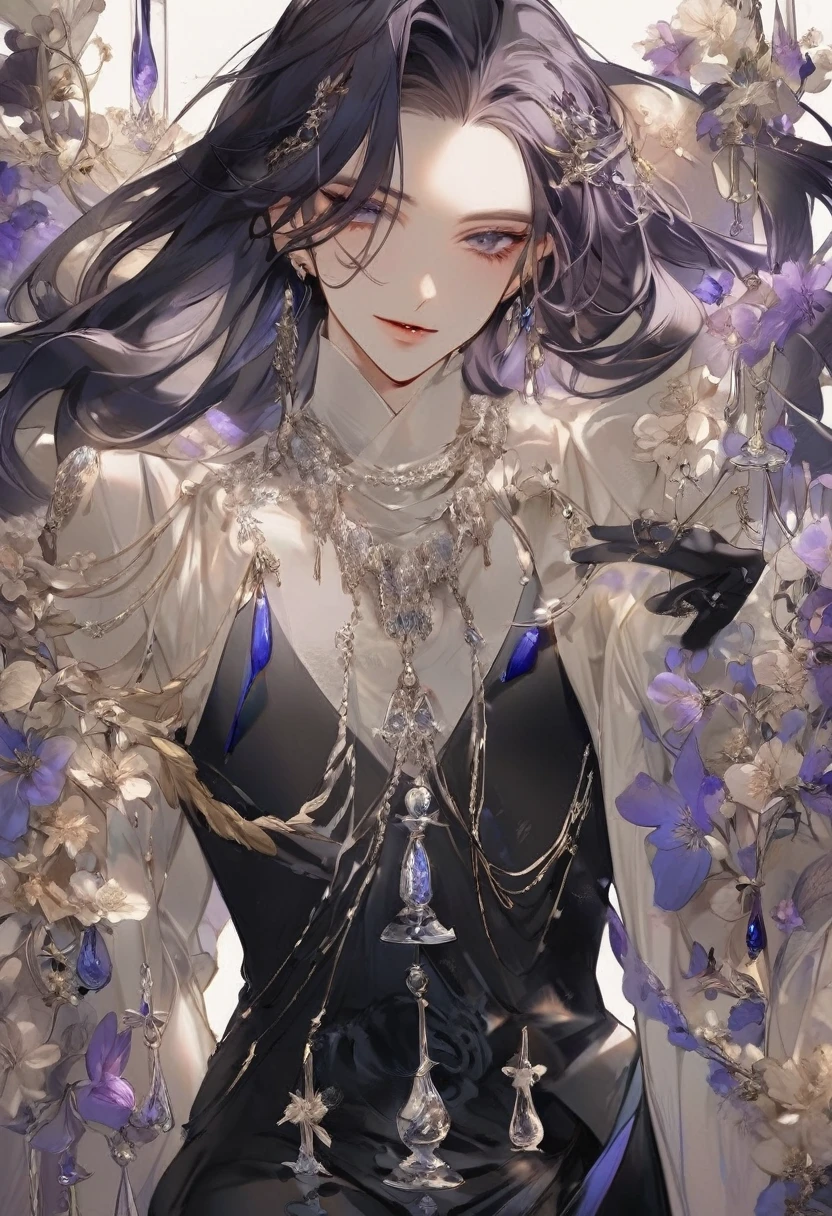 Feminine boy, soft womanish facial features, smile, squinted siren dark blue eyes without glare, silver and dark purple long loose hair with straight bang, fantasy black clothes with blue and purple elements, long black gloves, model, gorgeous, elegant, lots of silver jewelry, flowers in his hair, skinny body, hourglass figure, light lipstick, pants