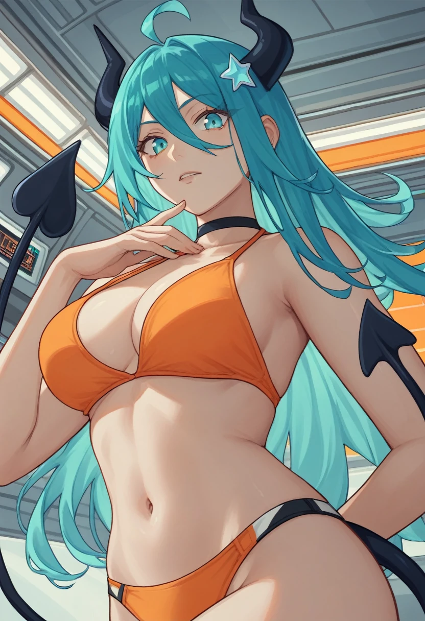 score_9, score_8_up, score_7_up,1 daemon woman, black  horns, black demon tail, (aquamarine hair),aquamarine green color hair,ahoge, long hair, (long hair),bangs, light orange bikini, bikini is orange, bikini orange, orange bikini!, (aquamarine eyes), background is spaceship, aquamarine eyes, 1woman ,facing viewer, daemon girl,  close up,Well-endowed, alone, Spacecraft interior, sexy pose