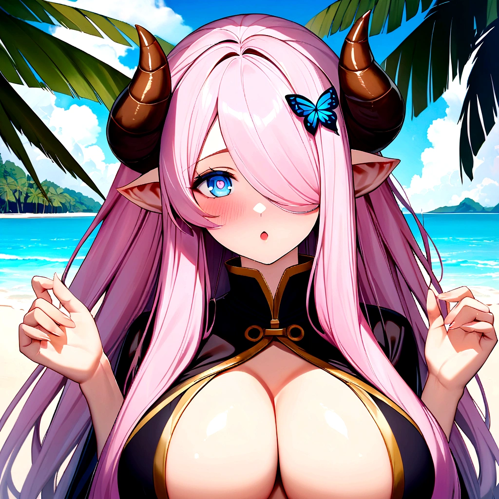 Vibrant, high-definition anime-style illustration set on a tropical beach. The layout features a central female character, Narmaya, with long pink hair, partially covered by a hooded cloak adorned with brown horns. She has fair skin, large expressive blue eyes and pink pupils, and a small blue butterfly hair clip. One eye is covered by her hair. The character is wearing a revealing black bikini with gold accents, and her hands are holding the edges of her cloak. The background showcases a pristine beach with white sand, lush green foliage, and tall palm trees. The clear blue sky and turquoise ocean complete the idyllic setting, with distant islands visible on the horizon. Narmaya and her attire are meticulously detailed. The intense effort put into shading brings this image to a realistic style. Gorgeous vibrant colors draw the eye. Narmaya's suggestive stance brings the viewers focus to her large and perfectly shaped breasts. (masterpiece), best quality, expressive eyes, perfect face, suggestive pose, purple and pink background, seductive, fantasy, 8k, absurdres, narmaya, pink hair, blue eye with pink pupil, hair over eye, draph, horns, butterfly hair clip, black bikini, hood, defined hands, perfect hands, perfect fingers,