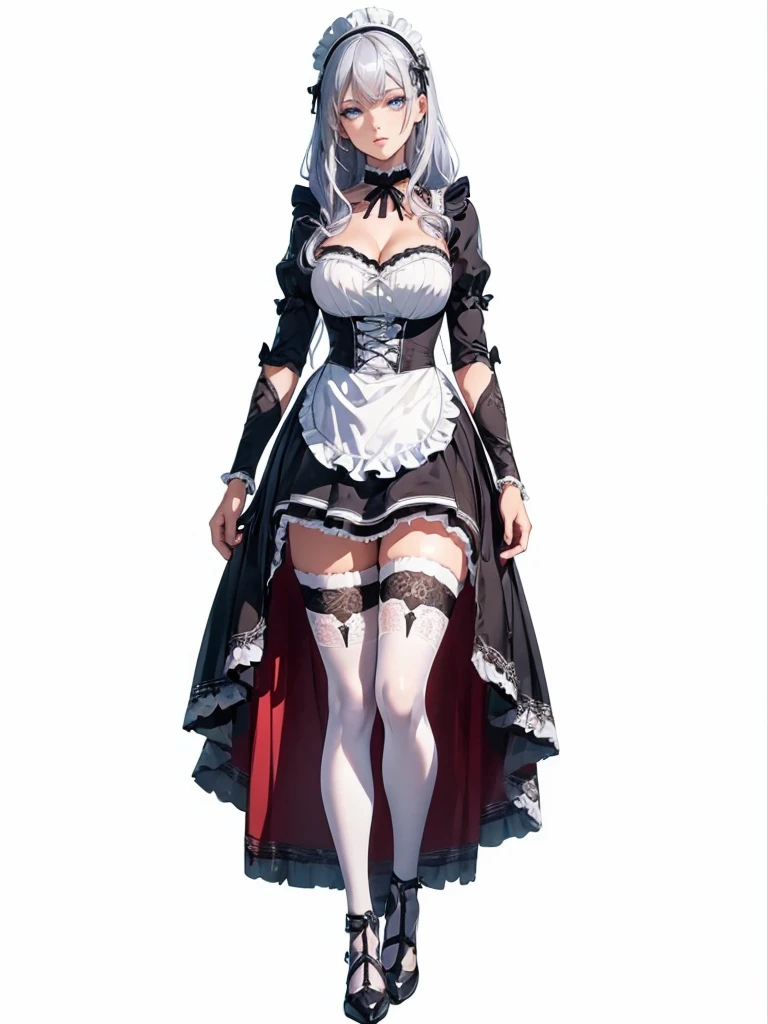 ((1girl, solo)), (((mature female))), beautiful body, (perfect anatomy, perfect body, perfect hands, perfect legs), (five fingers:1.5), natural proportions, sexy body, large breasts, cowboy shot, (legs apart:1.3) ((full body, full body front)) BREAK
((extremely detailed face)), (beautiful detailed eyes:1.6), (realistic pupils, realistic iris:1), expressive eyes, looking at viewer, (clear eyes:1.3), (hyperrealistic:1.2), (detailed skin texture:1.2), smooth skin, blue eyes, (silver hair:1.5), long hair, (detailed lips:1.2), (attractive lips:1.1), (glossy lips:1.1), ((smlie)), parted lips, perfect face, perfect eyes BREAK
maid, ((maid outfit)), maid headdress, maid apron, frills, mini dress, cleavage cutout, white collar, bow, juliet sleeves, long sleeves, white wrist cuffs, zettai ryouiki, thighs, (white thighhighs:1.5), black footwear, high heels BREAK
(masterpiece:1.5), anime-style, top quality, best quality, (beautiful and aesthetic:1.2), (ultra detail:1.5), Ultra-detailed depiction, Ultra-precise depiction, extremely detailed 8k illustration, high resolution, (highly detailed shading:1.2), (realistic lighting:1.4), perfect lighting, vibrant colors, dynamic tones, striking hues, 8k, absurd resolution, perfect shadows, hdr, UHD, ambient lighting, realistic, ultra-realistic, photo realistic, highly detailed, rich detail, luminous colors, fine texture, intricate design, professional illustration, (soft light:1.2), (illustration:0.7)
