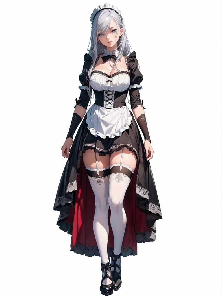 ((1girl, solo)), (((mature female))), beautiful body, (perfect anatomy, perfect body, perfect hands, perfect legs), (five fingers:1.5), natural proportions, sexy body, large breasts, cowboy shot, (legs apart:1.3) ((full body, full body front)) BREAK
((extremely detailed face)), (beautiful detailed eyes:1.6), (realistic pupils, realistic iris:1), expressive eyes, looking at viewer, (clear eyes:1.3), (hyperrealistic:1.2), (detailed skin texture:1.2), smooth skin, blue eyes, (silver hair:1.5), long hair, (detailed lips:1.2), (attractive lips:1.1), (glossy lips:1.1), ((smlie)), parted lips, perfect face, perfect eyes BREAK
maid, ((maid outfit)), maid headdress, maid apron, frills, mini dress, cleavage cutout, white collar, bow, juliet sleeves, long sleeves, white wrist cuffs, zettai ryouiki, thighs, (white thighhighs:1.5), black footwear, high heels BREAK
(masterpiece:1.5), anime-style, top quality, best quality, (beautiful and aesthetic:1.2), (ultra detail:1.5), Ultra-detailed depiction, Ultra-precise depiction, extremely detailed 8k illustration, high resolution, (highly detailed shading:1.2), (realistic lighting:1.4), perfect lighting, vibrant colors, dynamic tones, striking hues, 8k, absurd resolution, perfect shadows, hdr, UHD, ambient lighting, realistic, ultra-realistic, photo realistic, highly detailed, rich detail, luminous colors, fine texture, intricate design, professional illustration, (soft light:1.2), (illustration:0.7)