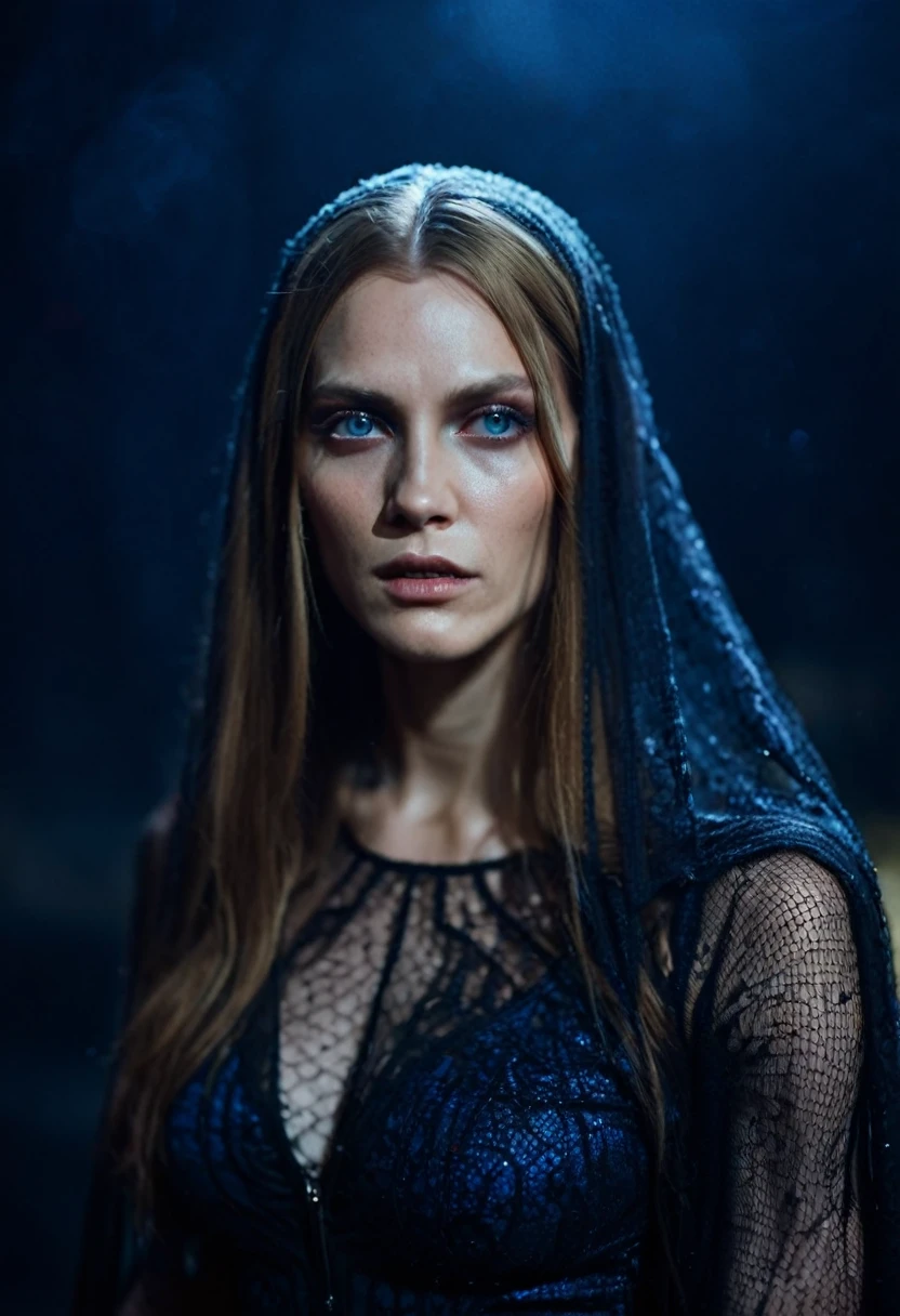 Fashionable of androgynous alien looking witch wearing veil, glowing eyes, beautiful evil slavic muscular woman, pale skin, long dark blond hair, futuristic design, minimal details, givenchy, photoreal, 200mm, hd, f/ 2.0, highly detailed, surreal , drop dead, in the style of red and blue, (intricate details, hyperdetailed:1.15) (skin texture:1.2), cinematic, professional, 4k, (((dynamic model pose))), sitting, full body, mesmerizing, dynamic, dramatic, sensual, dynamic pose, highly detailed skin with hair, subcutaneous veins, light and shadow play, highly detailed,24mm photograph, film, bokeh, professional, 4k,