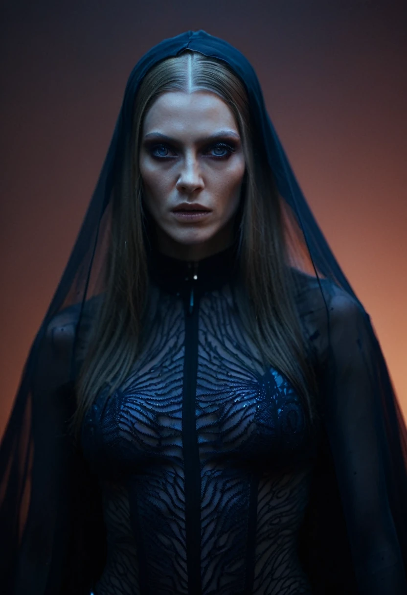 Fashionable of androgynous alien looking witch wearing veil, glowing eyes, beautiful evil slavic muscular woman, pale skin, long dark blond hair, futuristic design, minimal details, givenchy, photoreal, 200mm, hd, f/ 2.0, highly detailed, surreal , drop dead, in the style of red and blue, (intricate details, hyperdetailed:1.15) (skin texture:1.2), cinematic, professional, 4k, (((dynamic model pose))), sitting, full body, mesmerizing, dynamic, dramatic, sensual, dynamic pose, highly detailed skin with hair, subcutaneous veins, light and shadow play, highly detailed,24mm photograph, film, bokeh, professional, 4k,