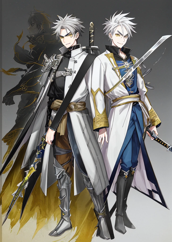 Anime, 1boy, messy gray hair, gray eyebrows, yellow eyes with black highlights, white skin, wide smile showing teeth, wears a long white coat with yellow and brown accents, the back of the coat extends to the knees, wears a brown shoulder protector on the right, the coat is long-sleeved, has stripes on the right sleeve of the coat, and has a tribal protector on the left sleeve, blue pants with black accents, black boots, carries a sword on his back using a strap looped from his right shoulder to his left waist, the sword has a red gemstone on the pommel with a clearly visible rune inside.
