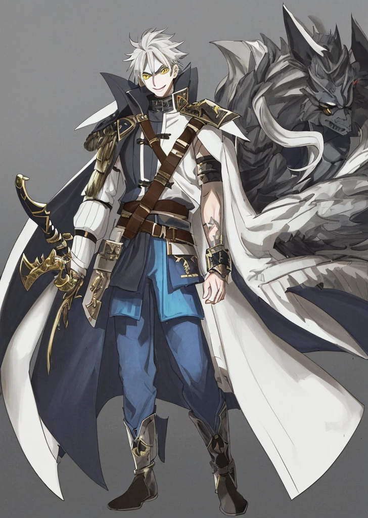 Anime, 1boy, messy gray hair, gray eyebrows, yellow eyes with black highlights, white skin, wide smile showing teeth, wears a long white coat with yellow and brown accents, the back of the coat extends to the knees, wears a brown shoulder protector on the right, the coat is long-sleeved, has stripes on the right sleeve of the coat, and has a tribal protector on the left sleeve, blue pants with black accents, black boots, carries a sword on his back using a strap looped from his right shoulder to his left waist, the sword has a red gemstone on the pommel with a clearly visible rune inside.