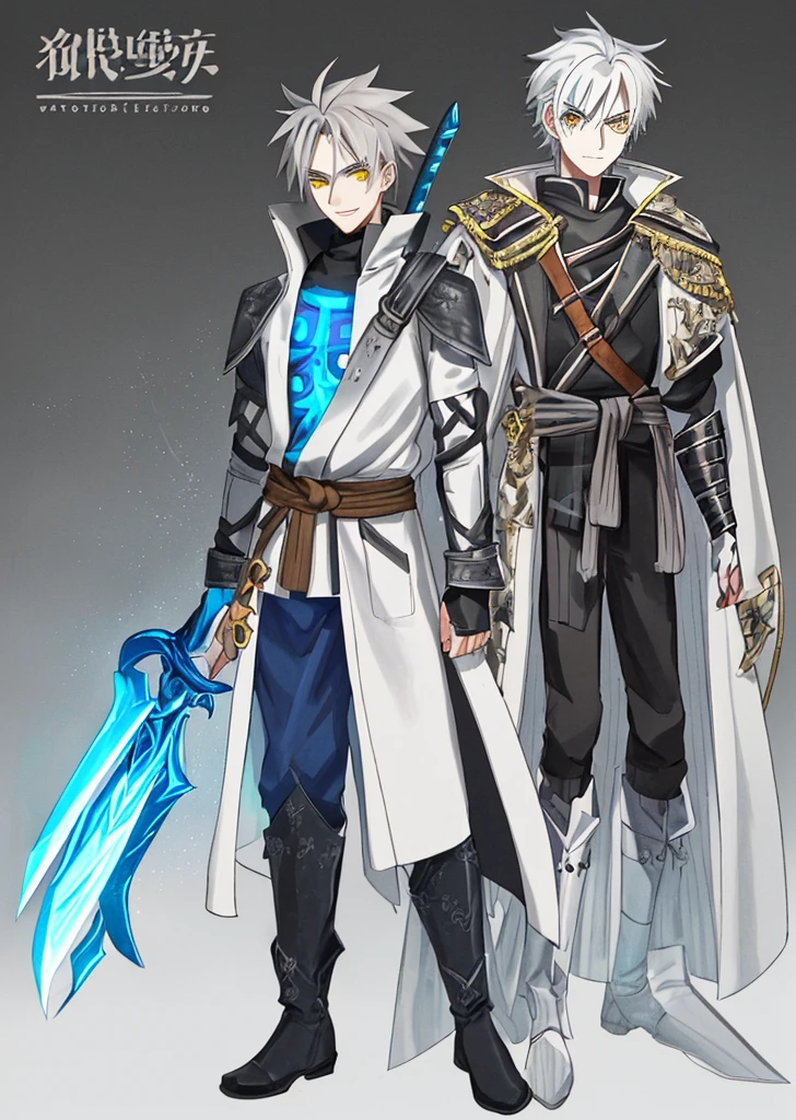 Anime, 1boy, messy gray hair, gray eyebrows, yellow eyes with black highlights, white skin, wide smile showing teeth, wears a long white coat with yellow and brown accents, the back of the coat extends to the knees, wears a brown shoulder protector on the right, the coat is long-sleeved, has stripes on the right sleeve of the coat, and has a tribal protector on the left sleeve, blue pants with black accents, black boots, carries a sword on his back using a strap looped from his right shoulder to his left waist, the sword has a red gemstone on the pommel with a clearly visible rune inside.