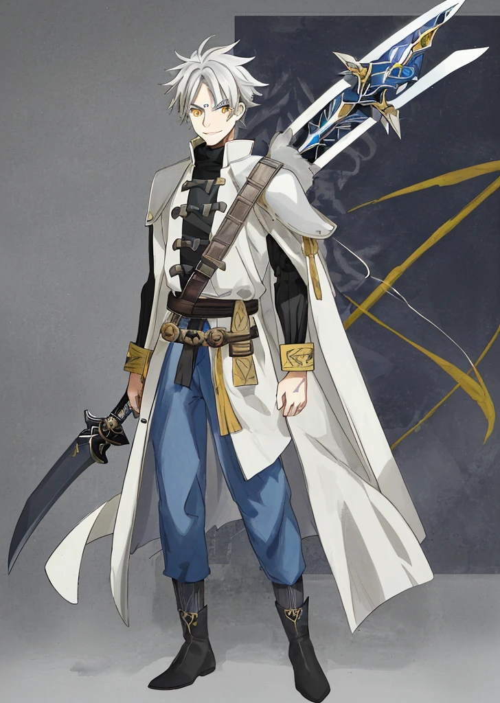 Anime, 1boy, messy gray hair, gray eyebrows, yellow eyes with black highlights, white skin, wide smile showing teeth, wears a long white coat with yellow and brown accents, the back of the coat extends to the knees, wears a brown shoulder protector on the right, the coat is long-sleeved, has stripes on the right sleeve of the coat, and has a tribal protector on the left sleeve, blue pants with black accents, black boots, carries a sword on his back using a strap looped from his right shoulder to his left waist, the sword has a red gemstone on the pommel with a clearly visible rune inside.
