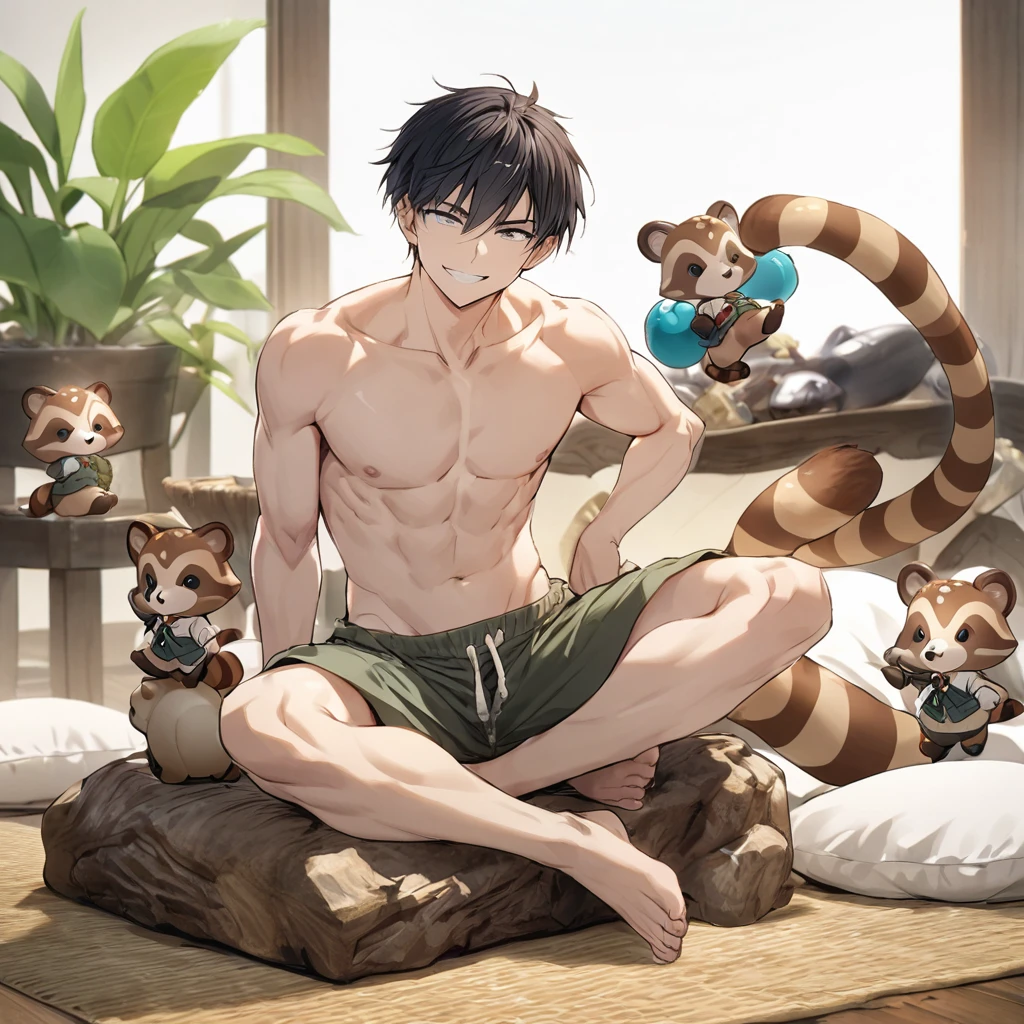 Male trunks black hair short hair smiling raccoon figurine half-naked