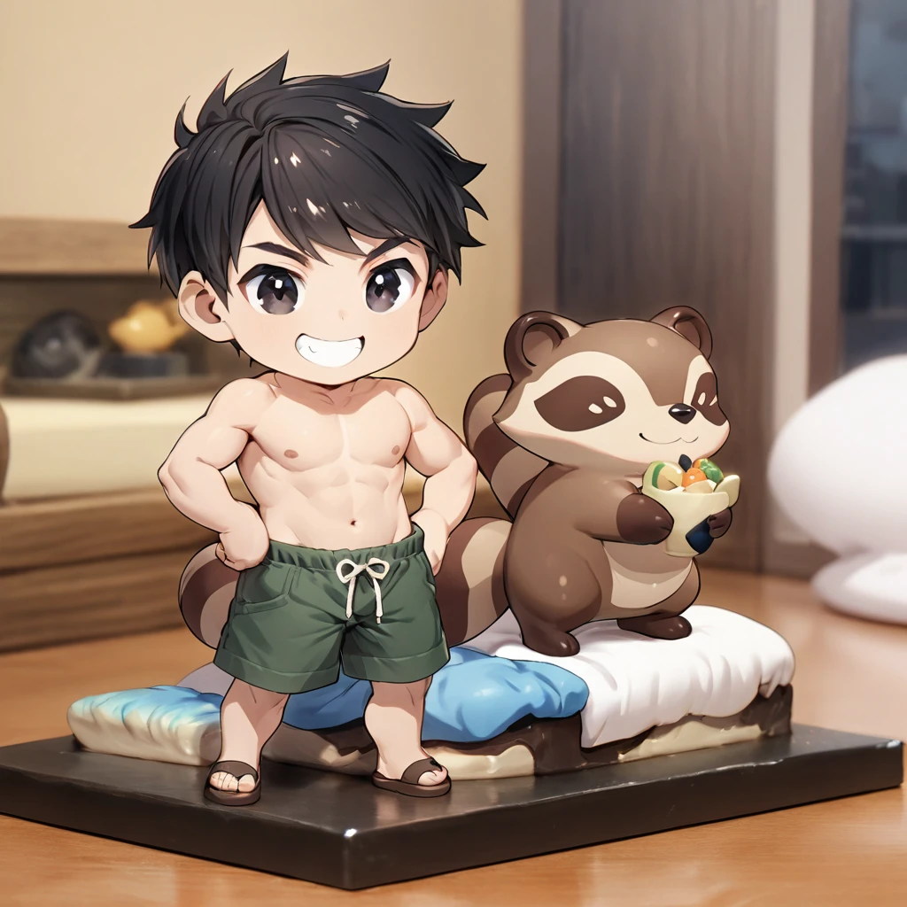 Male trunks black hair short hair smiling raccoon figurine half-naked