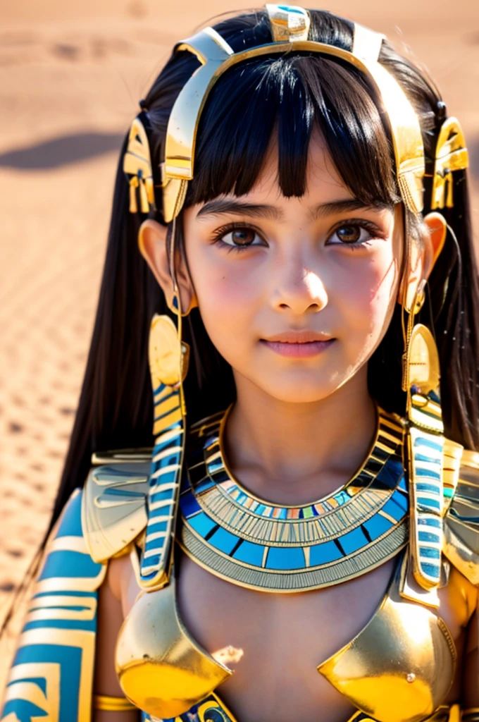 Highest quality, 8K, Very delicate and beautiful, Highly detailed face and skin texture, Shiny skin, High resolution, Very cute 12 year old girl in Egyptian costume standing in the desert, Sharp focus、Ultra detailed nipples