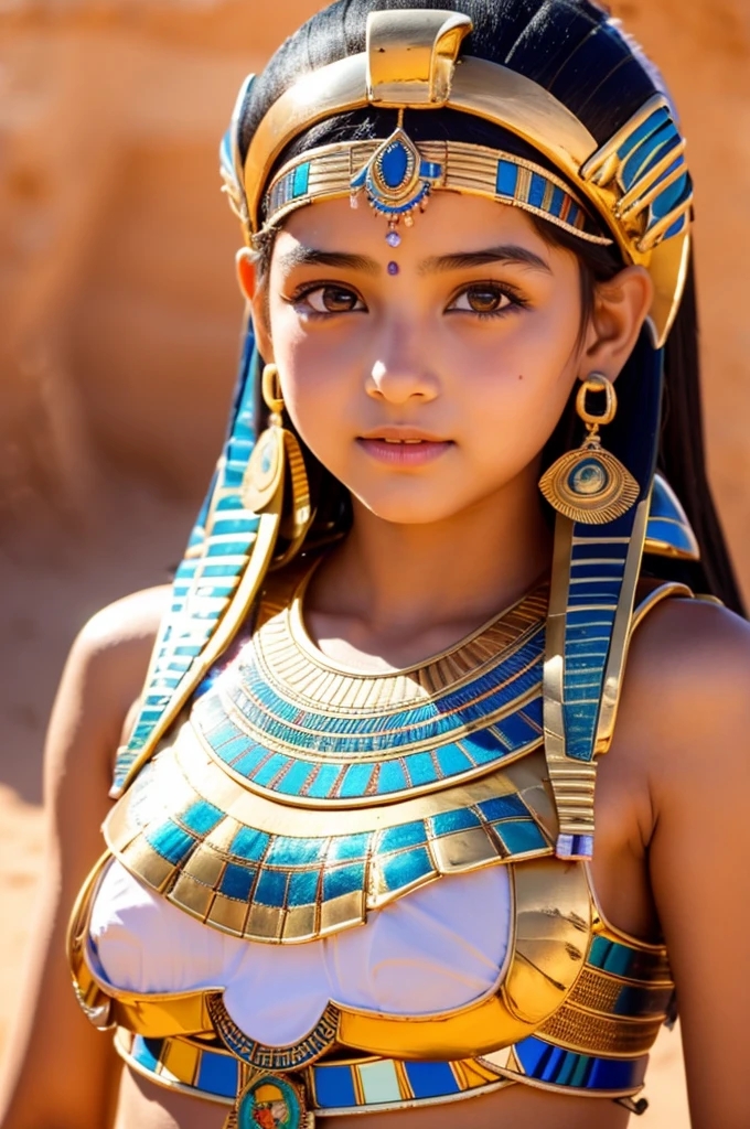 Highest quality, 8K, Very delicate and beautiful, Highly detailed face and skin texture, Shiny skin, High resolution, Very cute 12 year old girl in Egyptian costume standing in the desert, Sharp focus、Ultra detailed nipples