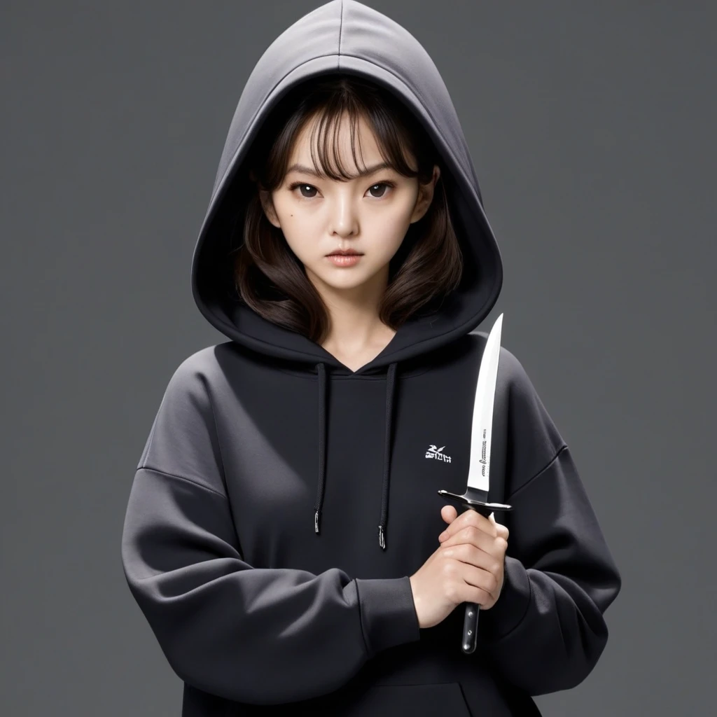 Kang Sae-byeok, Squid Game, Jung Ho-yeo, holding a knife with her hand, wearing a black hoodie, simple background
