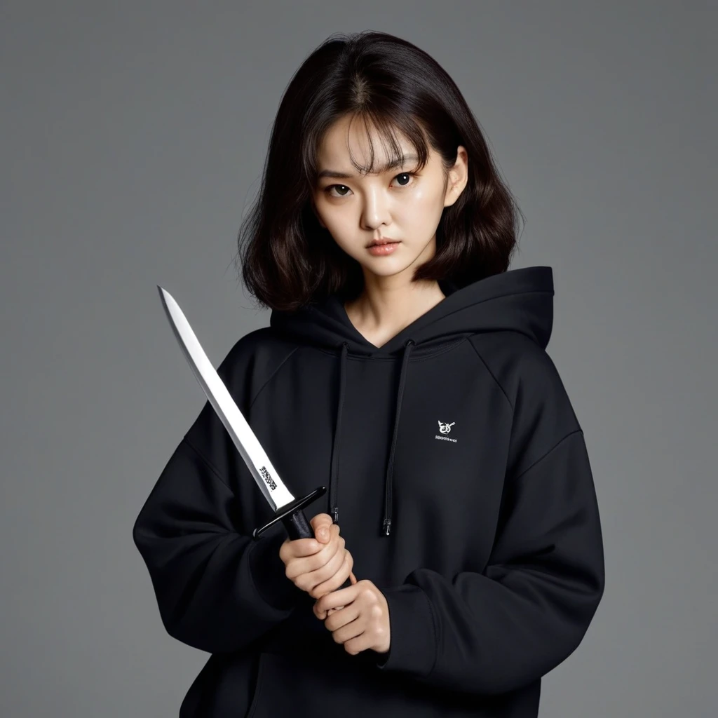 Kang Sae-byeok, Squid Game, Jung Ho-yeo, holding a knife with her hand, wearing a black hoodie, simple background
