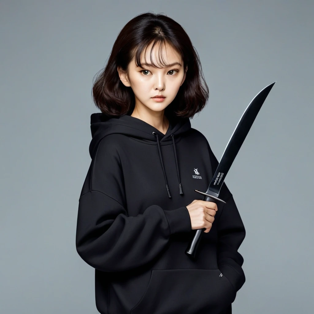 Kang Sae-byeok, Squid Game, Jung Ho-yeo, holding a knife with her hand, wearing a black hoodie, simple background
