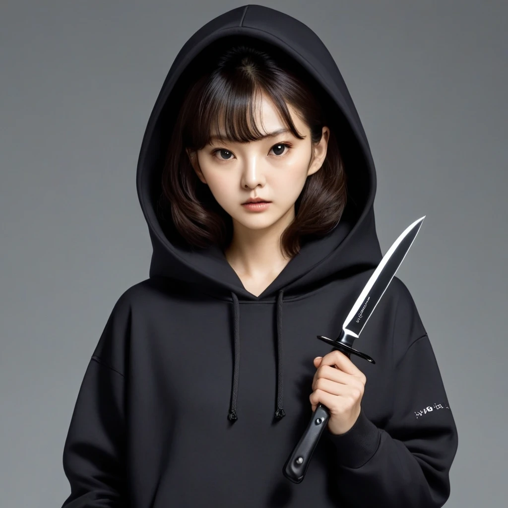 Kang Sae-byeok, Squid Game, Jung Ho-yeo, holding a knife with her hand, wearing a black hoodie, simple background
