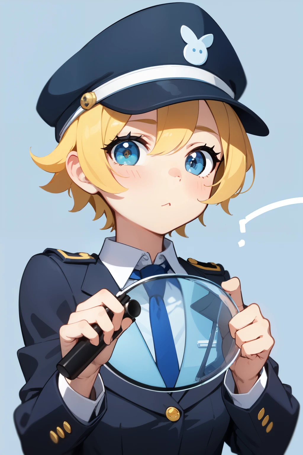 On a blue background，A cute cartoon detective character standing with a blue detective hat，Handheld magnifying glass，Focused eyes。The shape of the magnifying glass can be designed to resemble the curve of the letter &quot;S&quot;，Cleverly integrate into the &quot;private domain&quot;(Private Sector)Initials。The detective&#39;s costume is mainly blue with orange details.，Like a tie or shoes，Increase liveliness。