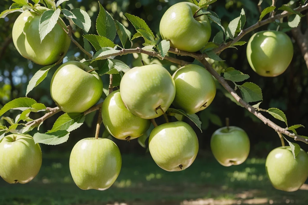 Green apples on branch，Behind is lush branches and leaves