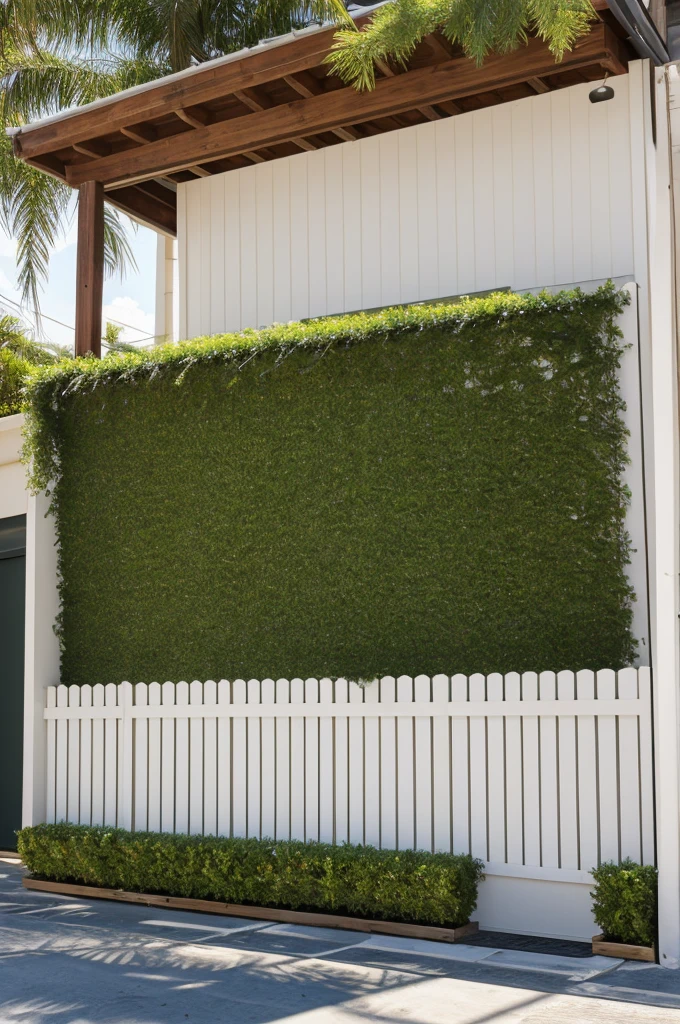 Facade of a white bar decorated with artificial weeds and a wooden fence