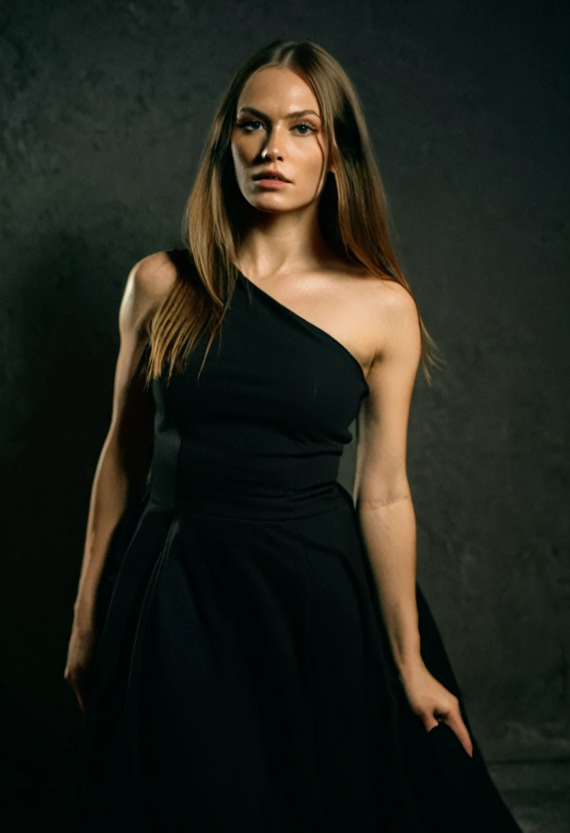 professional photograph of a 25 year old model, by Peter Hegre, photography studio,__perspective__, beautiful evil slavic muscular woman, pale skin, long hair, dressed in elegant long black dress, dynamic model pose, bold lines, hyper detailed,warm natural lighting, cinematic, film grain, sitting, tropical plants on background, (intricate details, masterpiece, best quality:1.4),hyper detailed, bright extensive palette, mesmerizing, dynamic, dramatic, sensual, dynamic pose, highly detailed skin with hair, subcutaneous veins,skin fluff,fine wrinkles,high contrast,best Ray tracing, light and shadow play, highly detailed,24mm photograph, film, bokeh, professional, 4k,