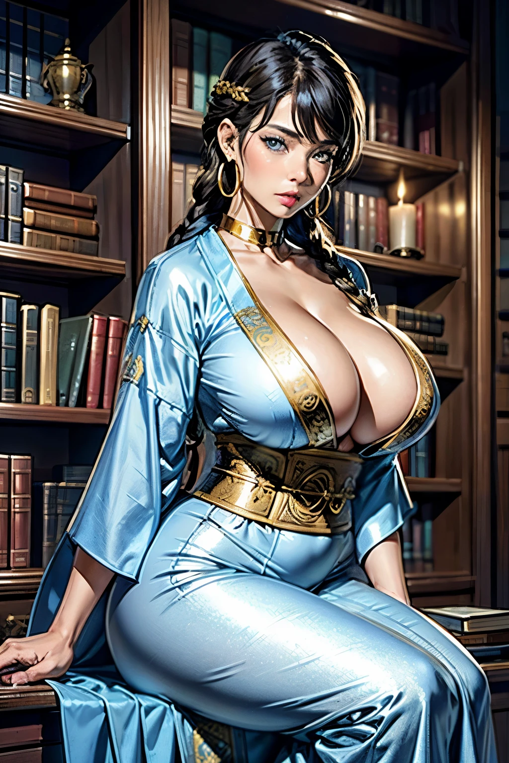 Masterpiece, Best Quality, (((Mature woman Janet solo))), (((braided hair))), long braided ponytail, (((Wide hips))), (((light blue eyes))), full lips, seductive smile, neckline, sitting on a wooden throne, (((bookshelves, candles))) sunset, blush, , "beautiful mature face" , age 30 , mqmf , adult ((open kimono with detailed gold patterns)), bare shoulder, ((sexual suggestion)), perfect beautiful eyes, detailed eyes. thick lips, ((big tits)), (thick thighs), From top to bottom, looking down, (((shiny skin))), (((Delgado))), (((book)), collar, wifes, hoop earrings,
