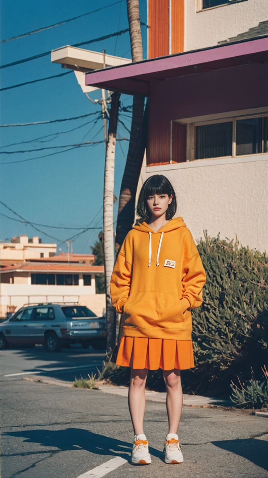 analog film photo cinematic photograph long shot portraits by Wes Anderson, cute 23 yo girl ,fokus, bokeh ,wear ((orange color oversized_hoodie)), wear ((purple tennis skirt)),looking front,Best Quality,Masterpiece,Ultra High Resolution,(Realisticity:1.4),Original Photo, 1Girl, light leak,ultra high resolution,UHD,beautiful, (black bob hair), almond eye, no makeup, in front of (80's mondrian architecture motel), (realistic:1.2), (surreal:1.3), (very detailed:1.1), ((masterpiece)),summer, blue sky, palm trees,sunny, los angles vibes,film camera, 800mm lens,style of Philip Lorca diCorcia
