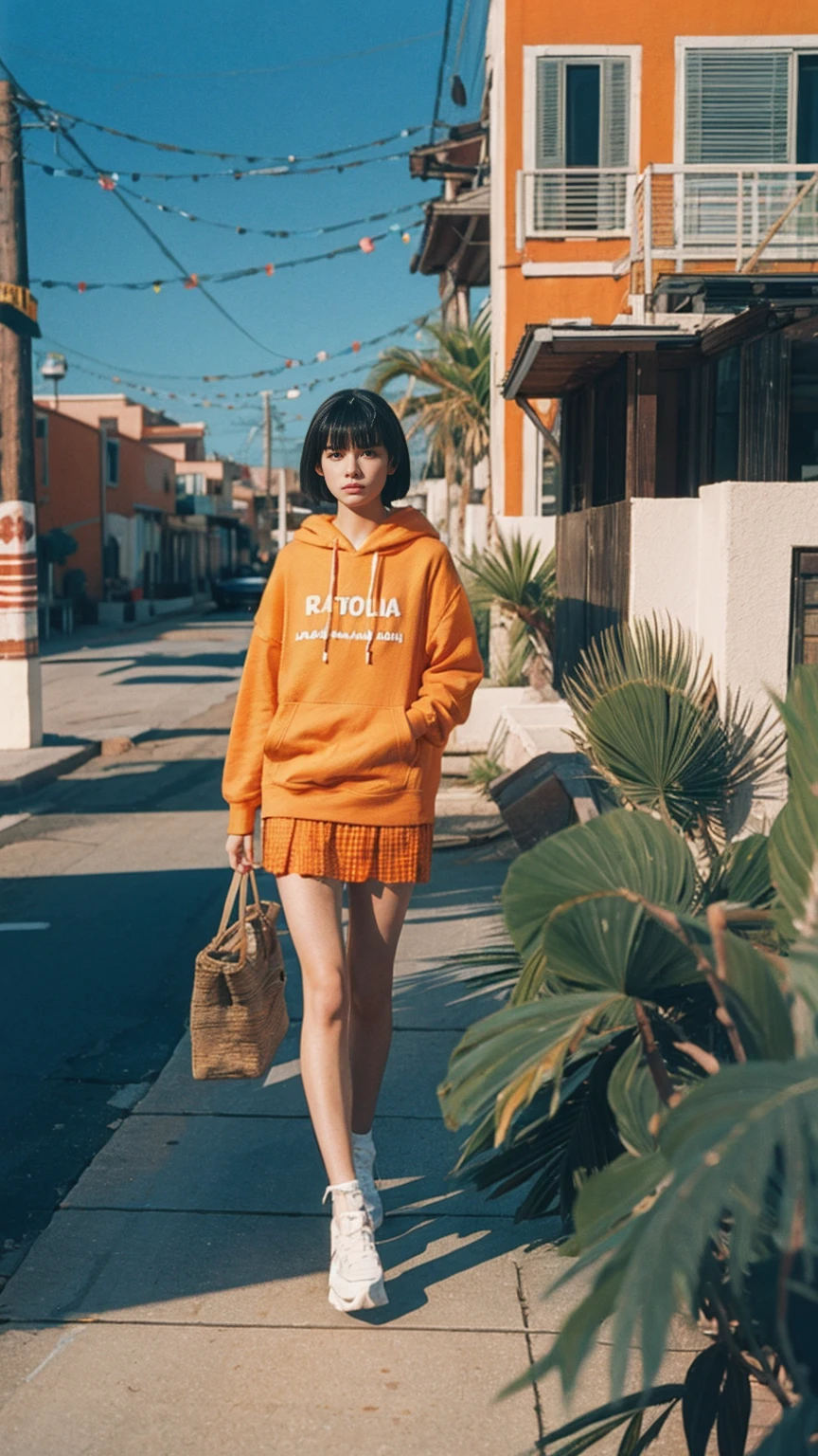 analog film photo cinematic photograph long shot portraits by Wes Anderson, cute 23 yo girl ,fokus, bokeh ,wear ((orange color oversized_hoodie)), wear ((purple tennis skirt)),looking front,Best Quality,Masterpiece,Ultra High Resolution,(Realisticity:1.4),Original Photo, 1Girl, light leak,ultra high resolution,UHD,beautiful, (black bob hair), almond eye, no makeup, in front of (80's mondrian architecture motel), (realistic:1.2), (surreal:1.3), (very detailed:1.1), ((masterpiece)),summer, blue sky, palm trees,sunny, los angles vibes,film camera, 800mm lens,style of Philip Lorca diCorcia