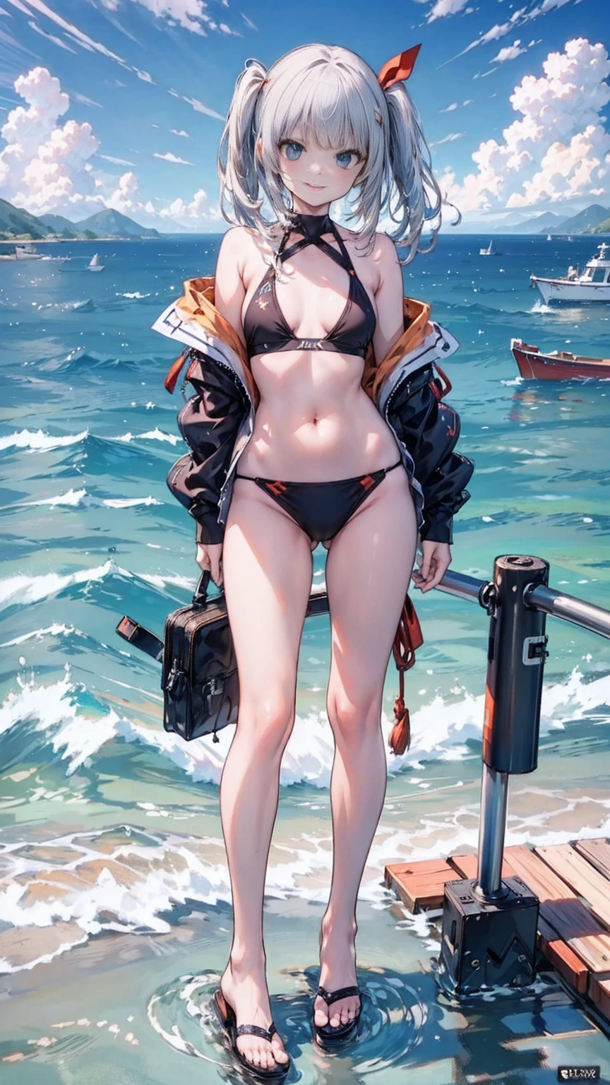 (Extremely detailed CG unified 8k wallpaper),(masterpiece), (Best quality), (Ultra Detailed), (Best Illustration),(The best shadow),Standing by the sea,Taking off swimming trunks,Smile at me