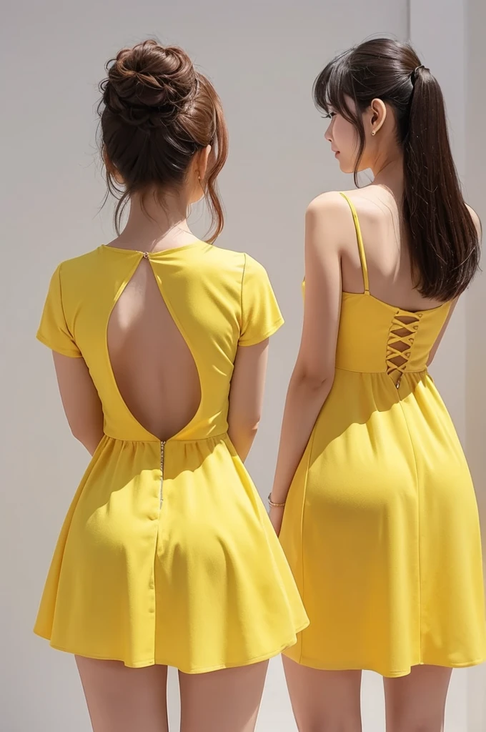 Beautiful back view、Korean women、Yellow dress showing the back、White background、bright、photograph