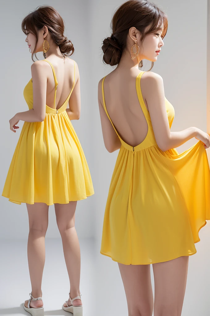 Beautiful back view、Korean women、Yellow dress showing the back、White background、bright、photograph