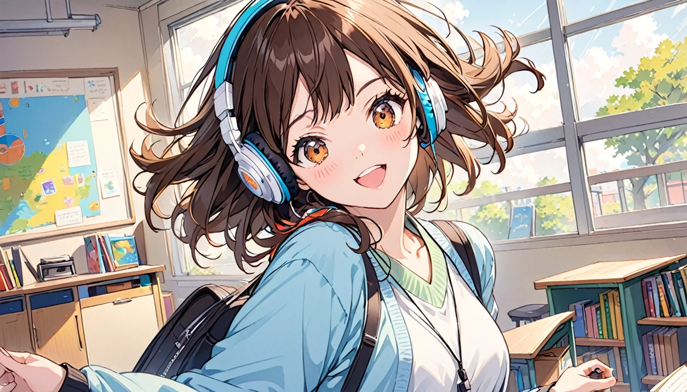Girl wearing headphones,Brown Hair,1 person,fun,bright,jazz,The background is the classroom