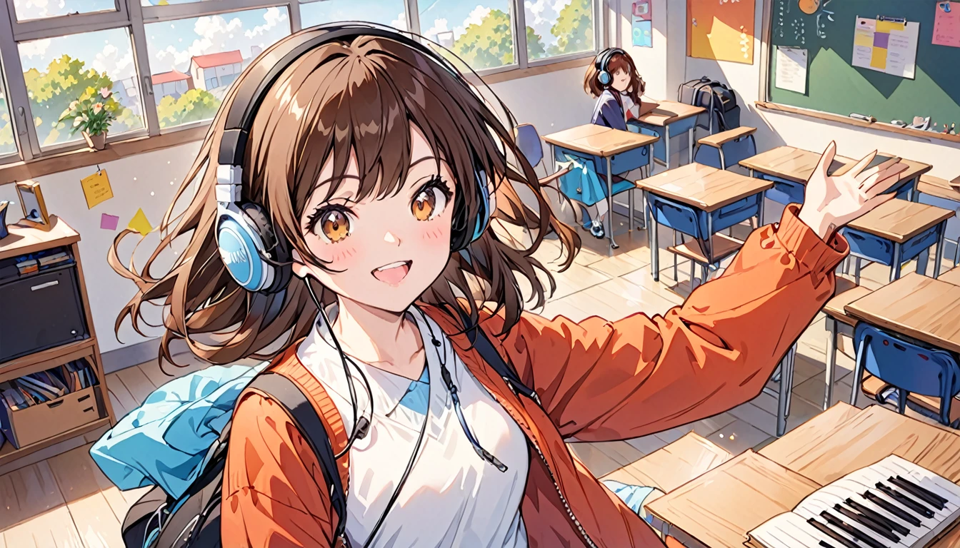 Girl wearing headphones,Brown Hair,1 person,fun,bright,jazz,The background is the classroom