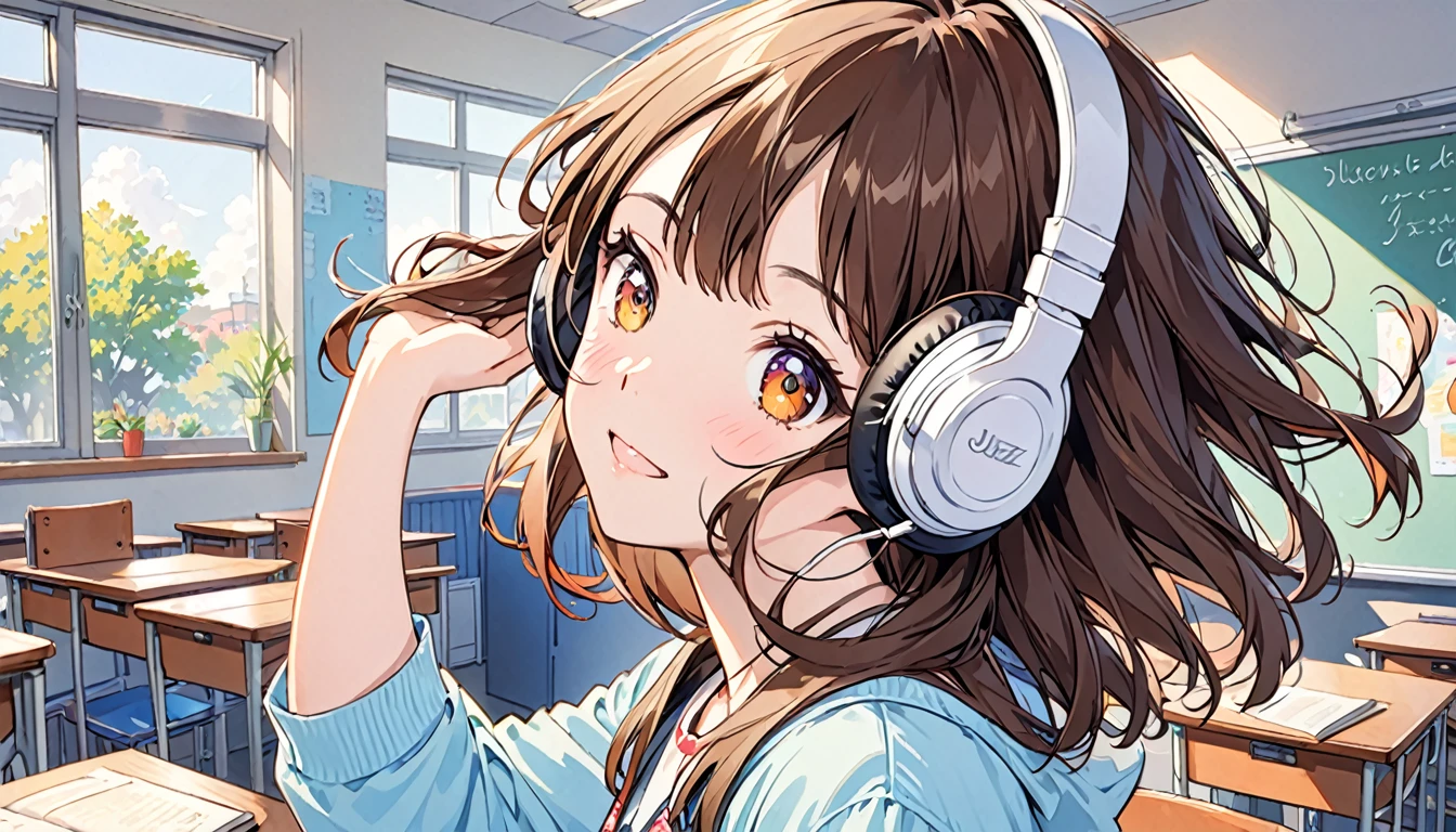 Girl wearing headphones,Brown Hair,1 person,fun,bright,jazz,The background is the classroom