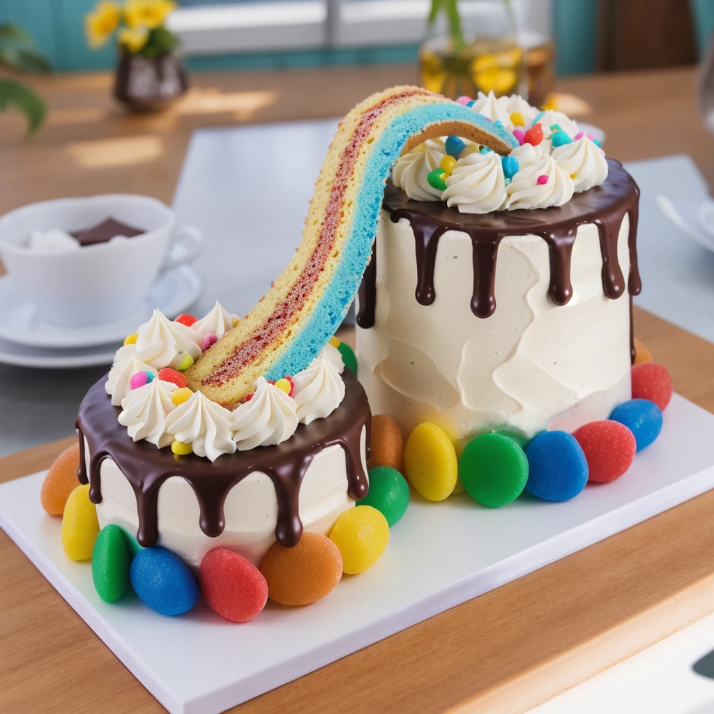 on a wooden table, on a porcelain plate, two cakes made of white cream, sugar candies on the bottom, chocolate ganache on the cake, white swirls on the chocolate ganache, window light, bright lights, soft light, window light, professional lighting, light from the window, neat light, realistic texture, realistic style, detailed texture, high quality, high resolution, high quality rendering, realistic photo, brightning light, macro photo