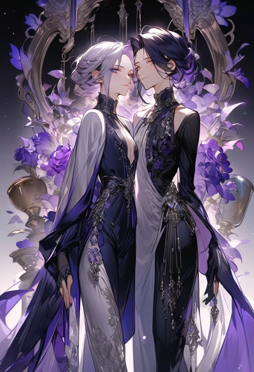 Feminine boy, soft womanish facial features, smile, squinted siren dark blue eyes without glare, silver and dark purple long loose hair with straight bang, fantasy black clothes with blue and purple elements, long black gloves, model, gorgeous, elegant, lots of silver jewelry, flowers in his hair, skinny body, hourglass figure, light lipstick, pants