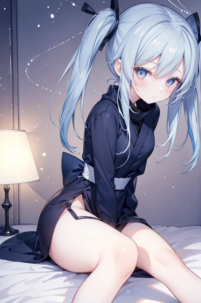 upper body, 1girl, wallpaper, light particles, bed, background, look at viewer, light blue hair, long hair, twintails, white eyes, ninja mask, adult